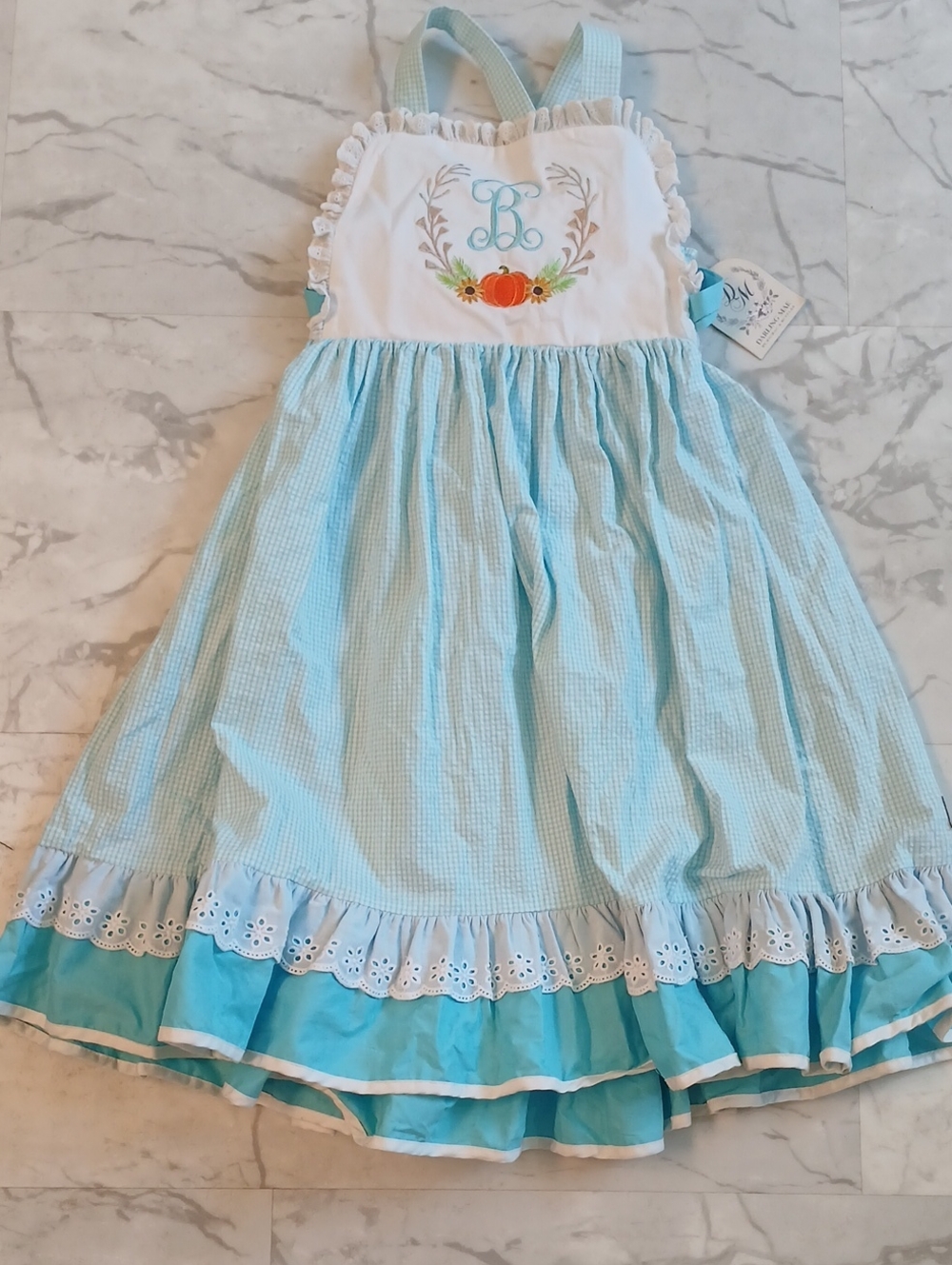 Darling Mae Light Aqua Girls' Ruffle-Trim Sundress with Embroidered Monogram B